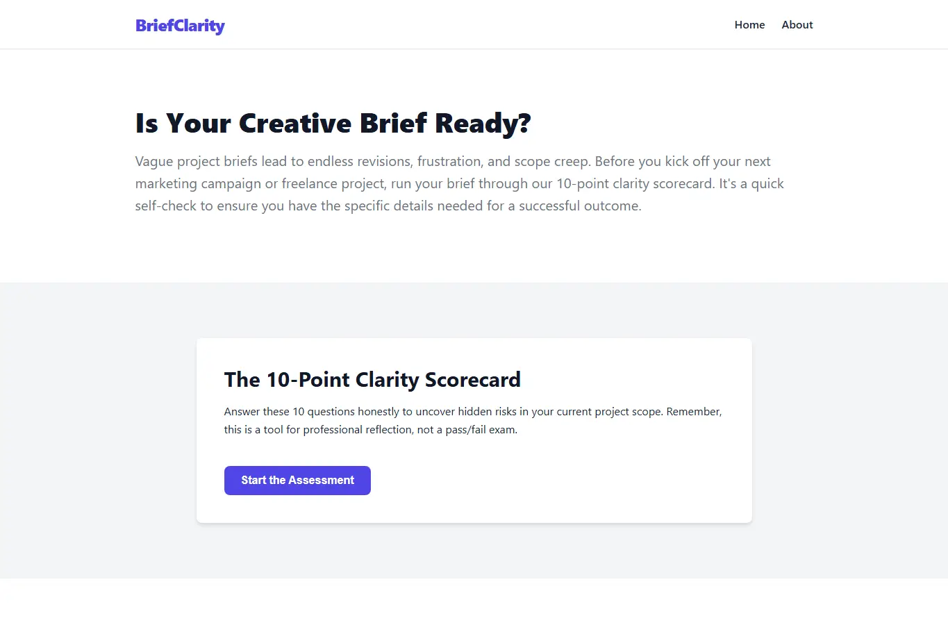 Screenshot of Creative Brief Clarity Quiz interface showing the project page in use